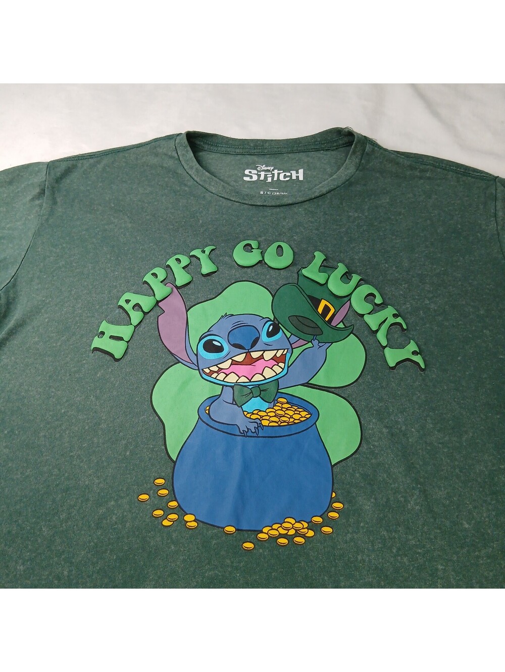 Disney Stitch Happy Go Lucky T Shirt Small S Leprechaun Pot Gold Green Engine